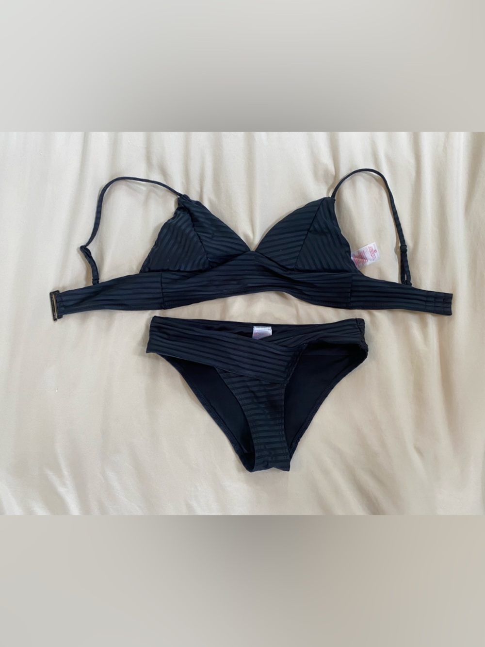 No Boundaries Black Striped Triangle Bikini Set